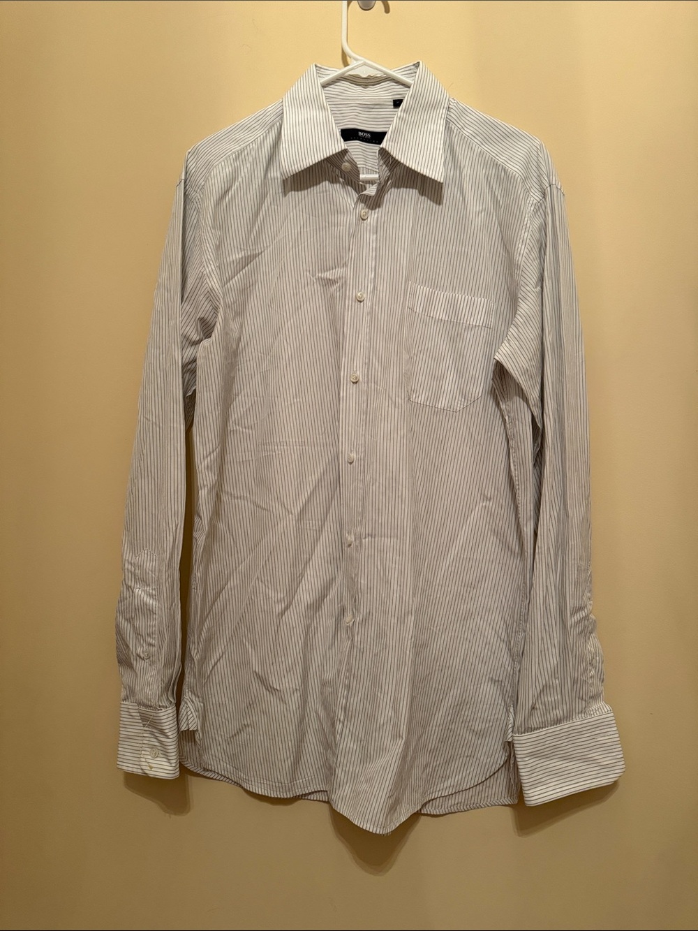 Hugo Boss Men's White Shirt with Light Blue Pinstripes Size 41/US 16